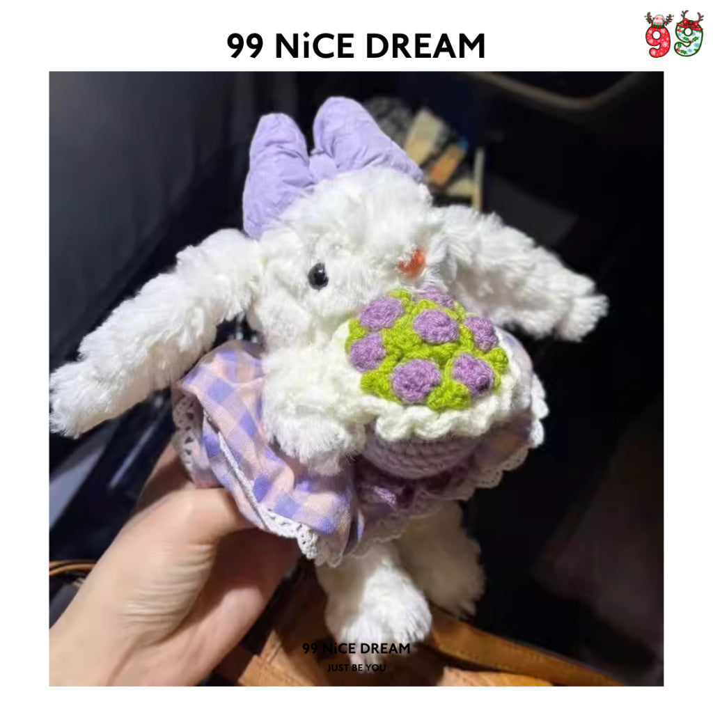 Charm Thỏ Tai Cụp Cầm Hoa Tím Treo Túi Xách – Móc Khóa Bông Dễ Thương Làm Quà Tặng, Charm Túi Xách