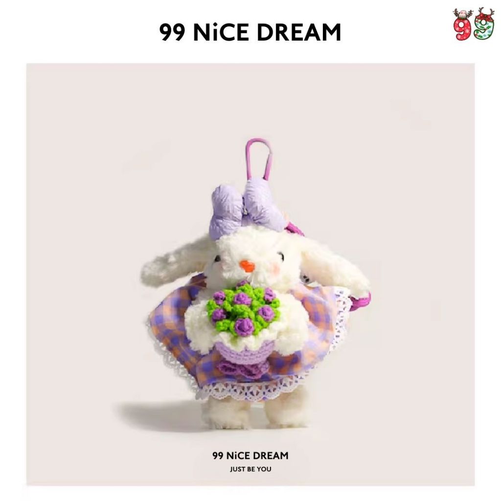 Charm Thỏ Tai Cụp Cầm Hoa Tím Treo Túi Xách – Móc Khóa Bông Dễ Thương Làm Quà Tặng, Charm Túi Xách