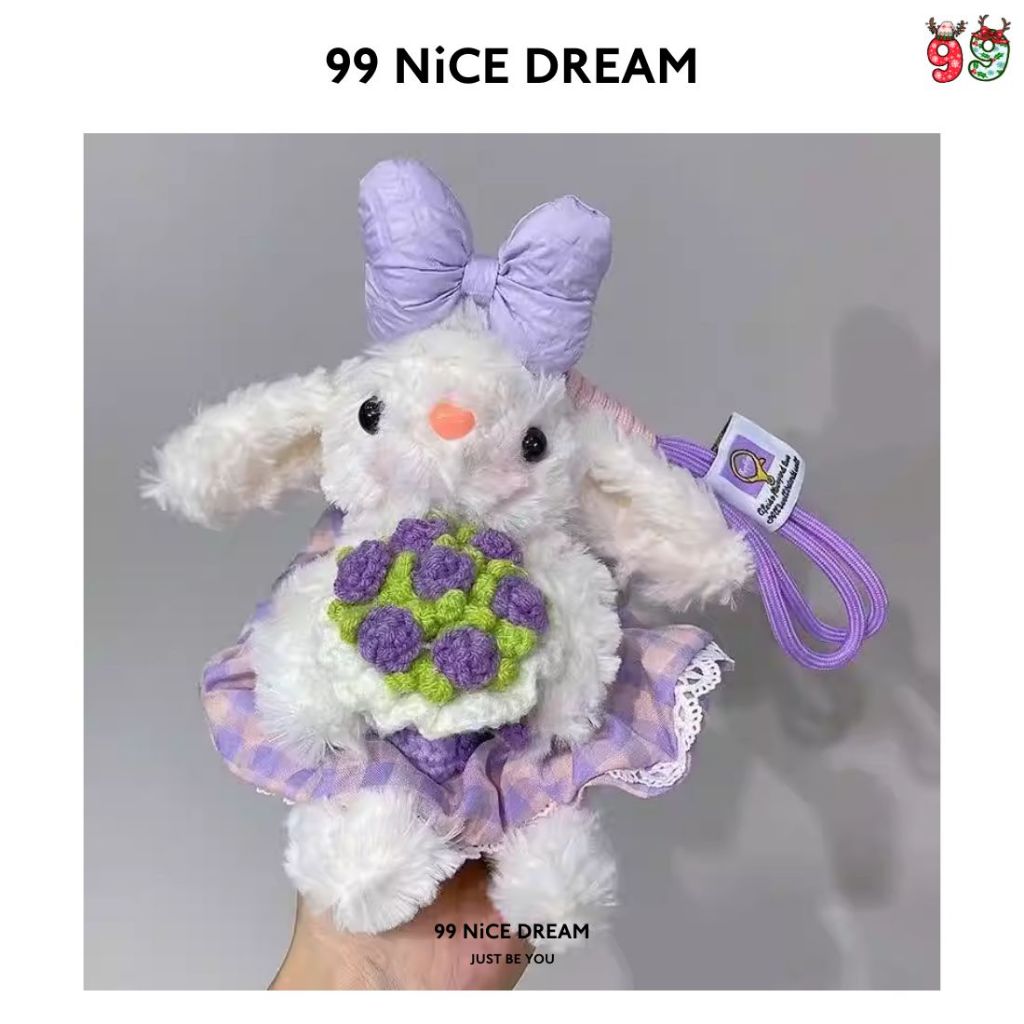 Charm Thỏ Tai Cụp Cầm Hoa Tím Treo Túi Xách – Móc Khóa Bông Dễ Thương Làm Quà Tặng, Charm Túi Xách