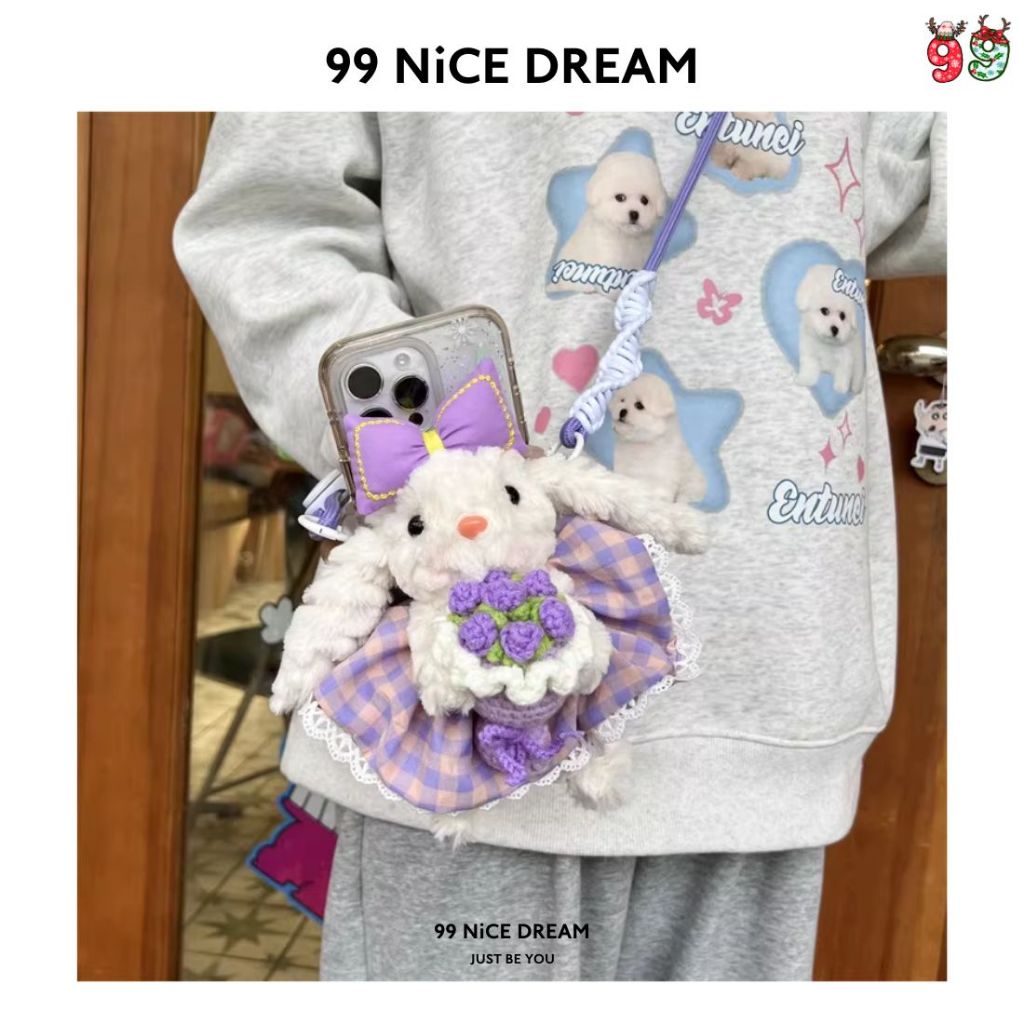 Charm Thỏ Tai Cụp Cầm Hoa Tím Treo Túi Xách – Móc Khóa Bông Dễ Thương Làm Quà Tặng, Charm Túi Xách