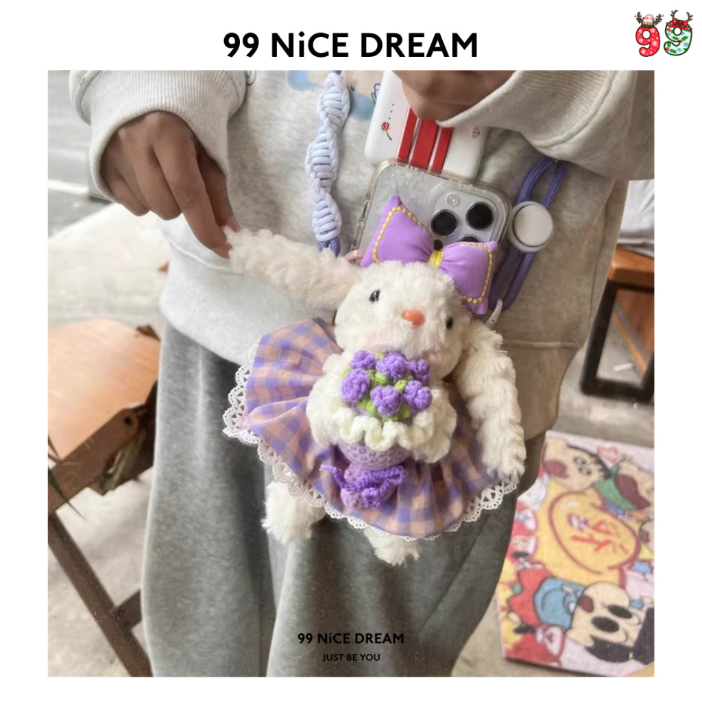 Charm Thỏ Tai Cụp Cầm Hoa Tím Treo Túi Xách – Móc Khóa Bông Dễ Thương Làm Quà Tặng, Charm Túi Xách