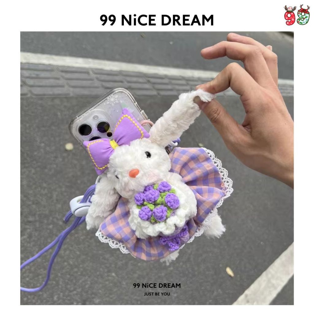 Charm Thỏ Tai Cụp Cầm Hoa Tím Treo Túi Xách – Móc Khóa Bông Dễ Thương Làm Quà Tặng, Charm Túi Xách