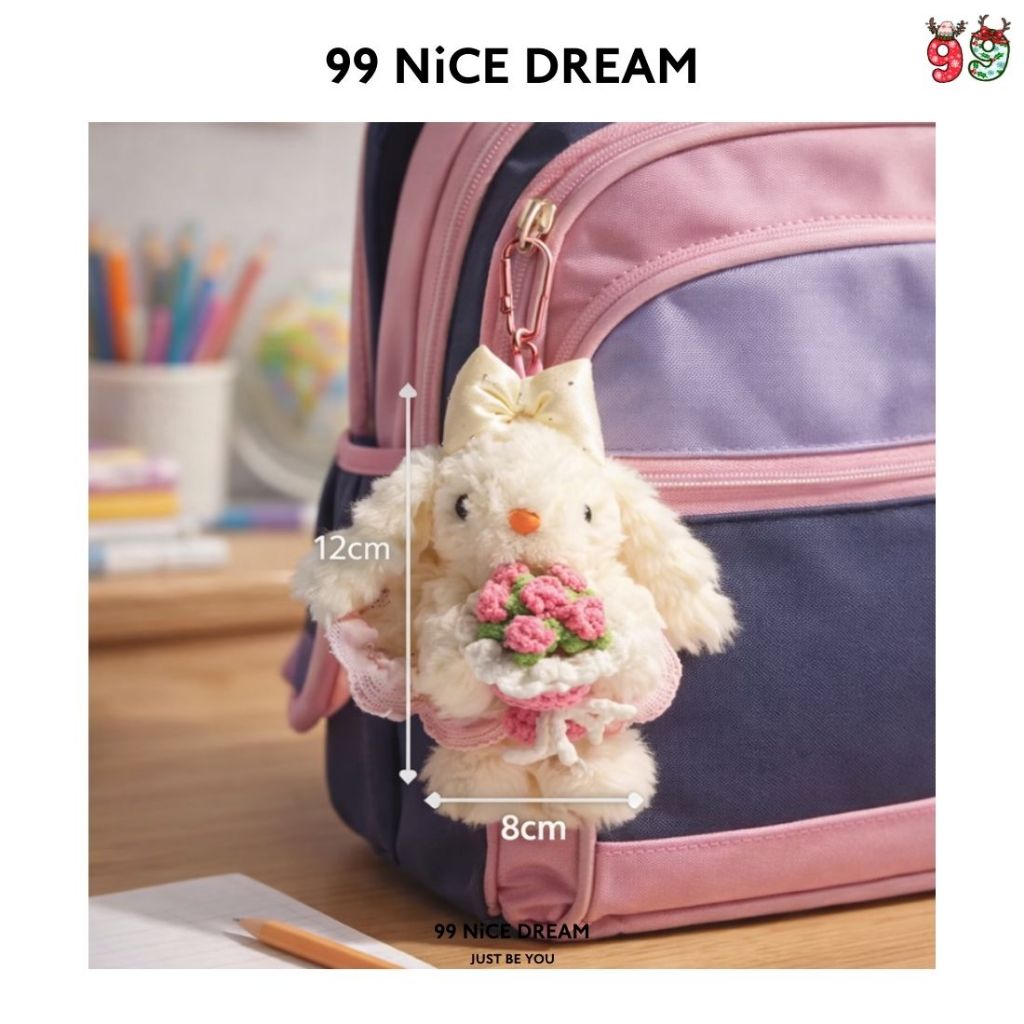 Charm Thỏ Tai Cụp Cầm Hoa Tím Treo Túi Xách – Móc Khóa Bông Dễ Thương Làm Quà Tặng, Charm Túi Xách