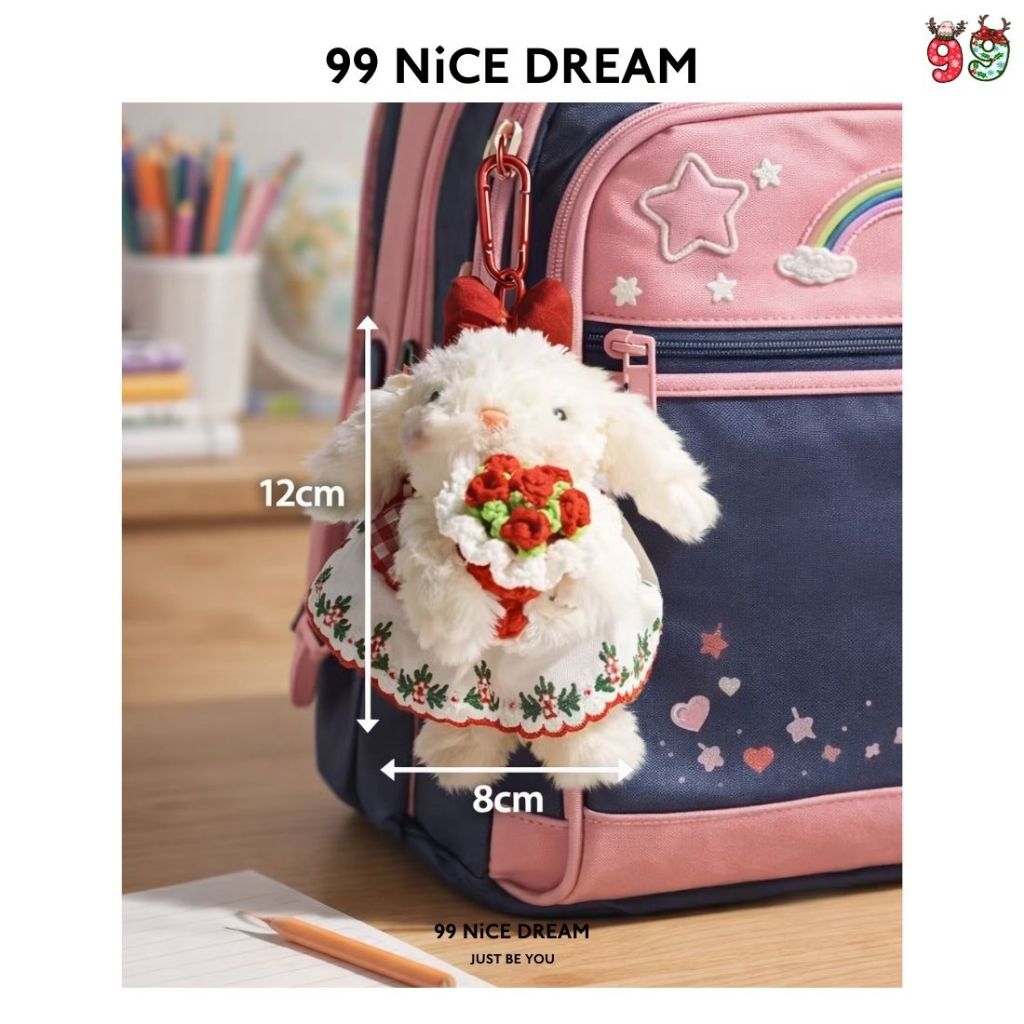 Charm Thỏ Tai Cụp Cầm Hoa Tím Treo Túi Xách – Móc Khóa Bông Dễ Thương Làm Quà Tặng, Charm Túi Xách