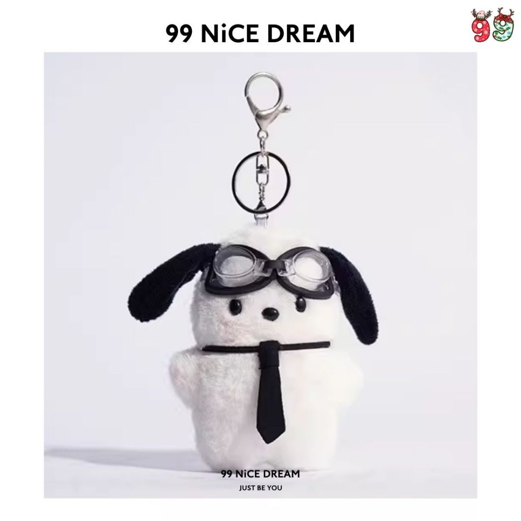 Charm Túi Xách Chó Bông Pacha Cà Vạt Đen Đeo Kính – Charm Treo Túi Móc Khóa Bông Cute