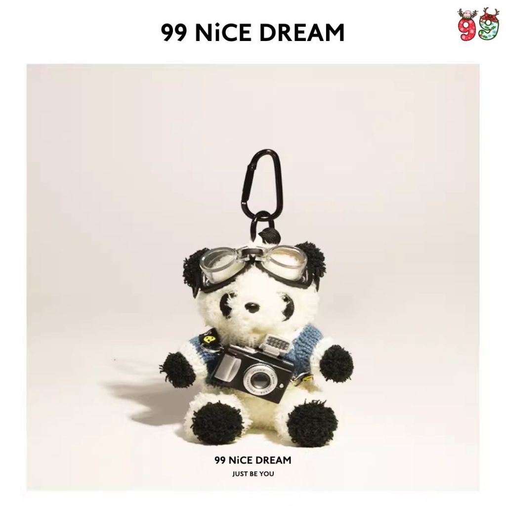 Charm Treo Túi Gấu Bông Nâu Áo Cafe, Kính Bơi, Có Camera Nhấp Nháy – Móc Khóa Bông Dễ Thương