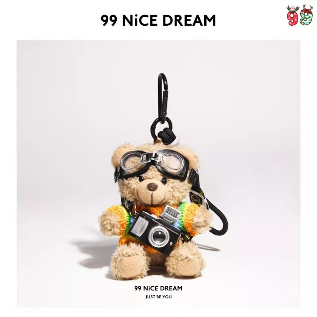 Charm Treo Túi Gấu Bông Nâu Áo Cafe, Kính Bơi, Có Camera Nhấp Nháy – Móc Khóa Bông Dễ Thương