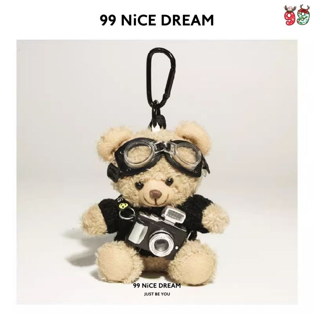 Charm Treo Túi Gấu Bông Nâu Áo Cafe, Kính Bơi, Có Camera Nhấp Nháy – Móc Khóa Bông Dễ Thương