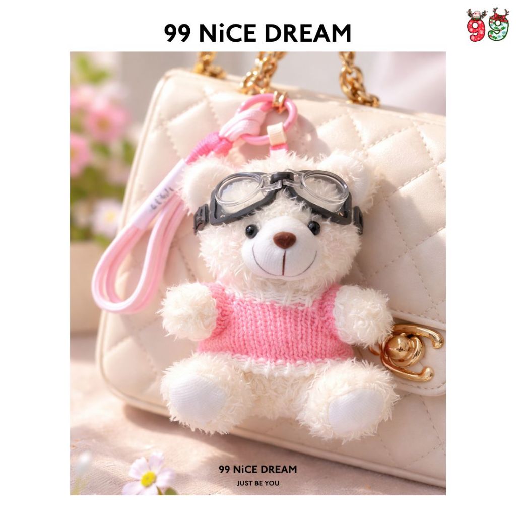 Charm Treo Túi Gấu Bông Trắng Áo Đỏ Đeo Kính – Móc Khóa Bông Quà Tặng Xinh 99NiCEDREAM