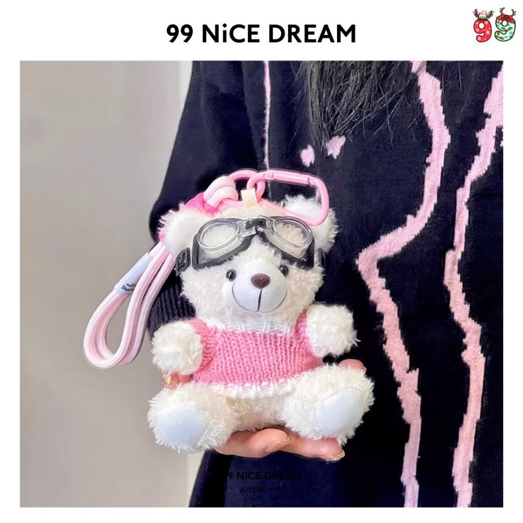 Charm Treo Túi Gấu Bông Trắng Áo Đỏ Đeo Kính – Móc Khóa Bông Quà Tặng Xinh 99NiCEDREAM