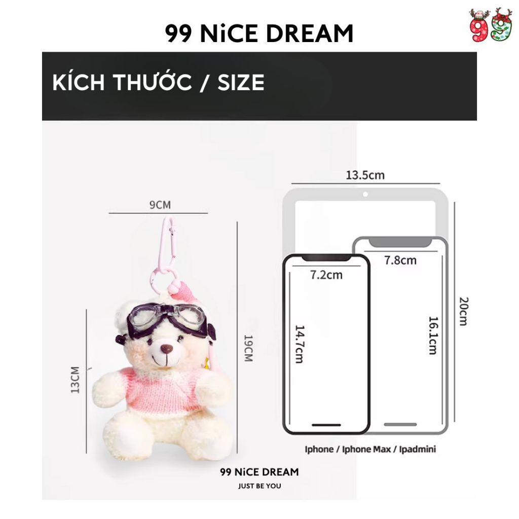 Charm Treo Túi Gấu Bông Trắng Áo Đỏ Đeo Kính – Móc Khóa Bông Quà Tặng Xinh 99NiCEDREAM