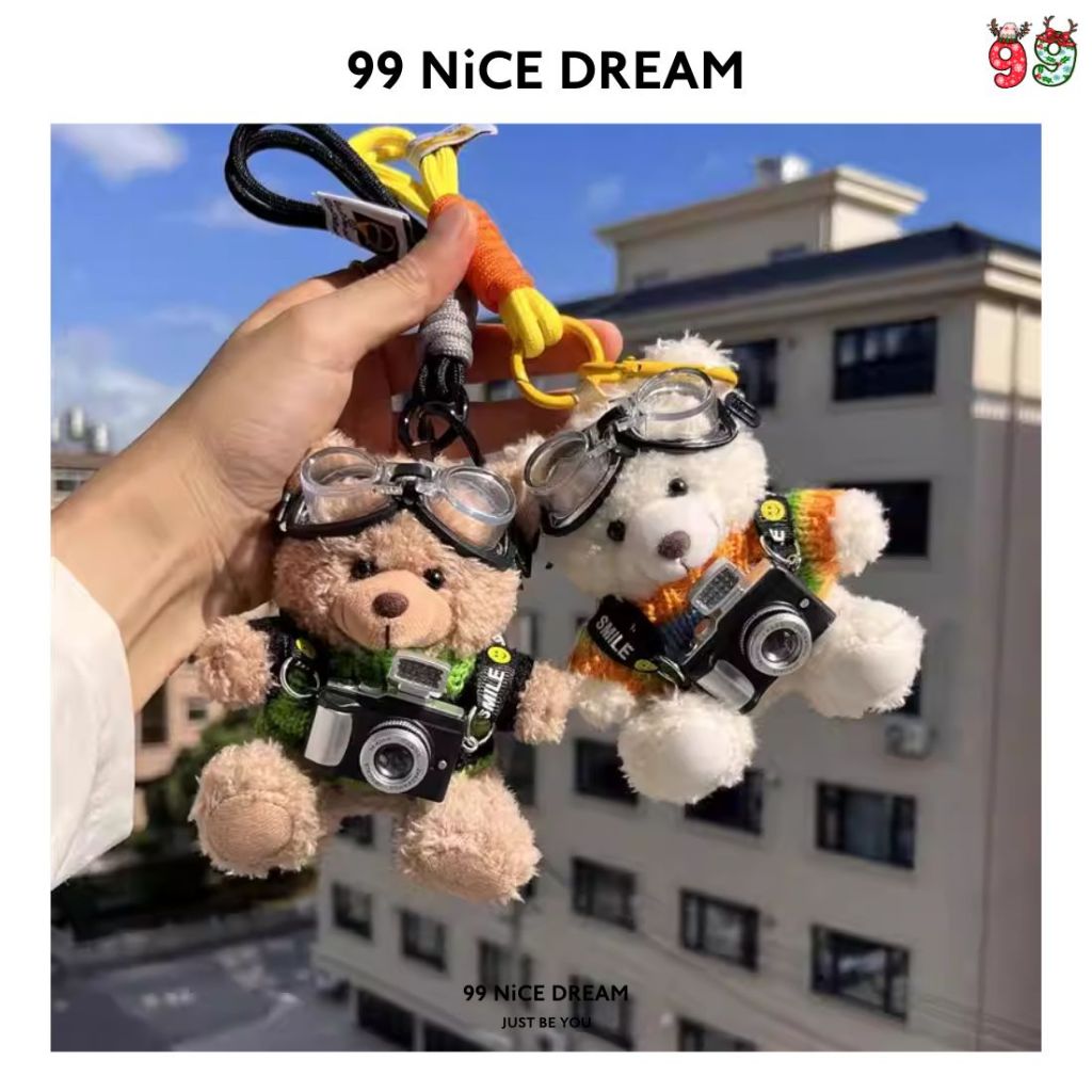 Charm Treo Túi Gấu Bông Trắng Đeo Kính, Máy Ảnh Phát Sáng, Móc Khóa Trang Trí Túi Xách 99NiCEDREAM