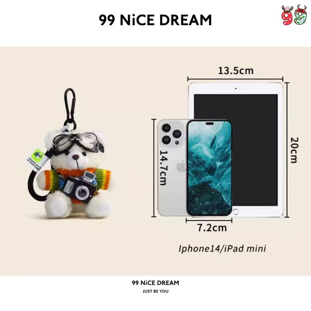 Charm Treo Túi Gấu Bông Trắng Áo Hồng Đáng Yêu Đeo Kính Dễ Thương – Móc Khóa Bông Máy Ảnh Sáng