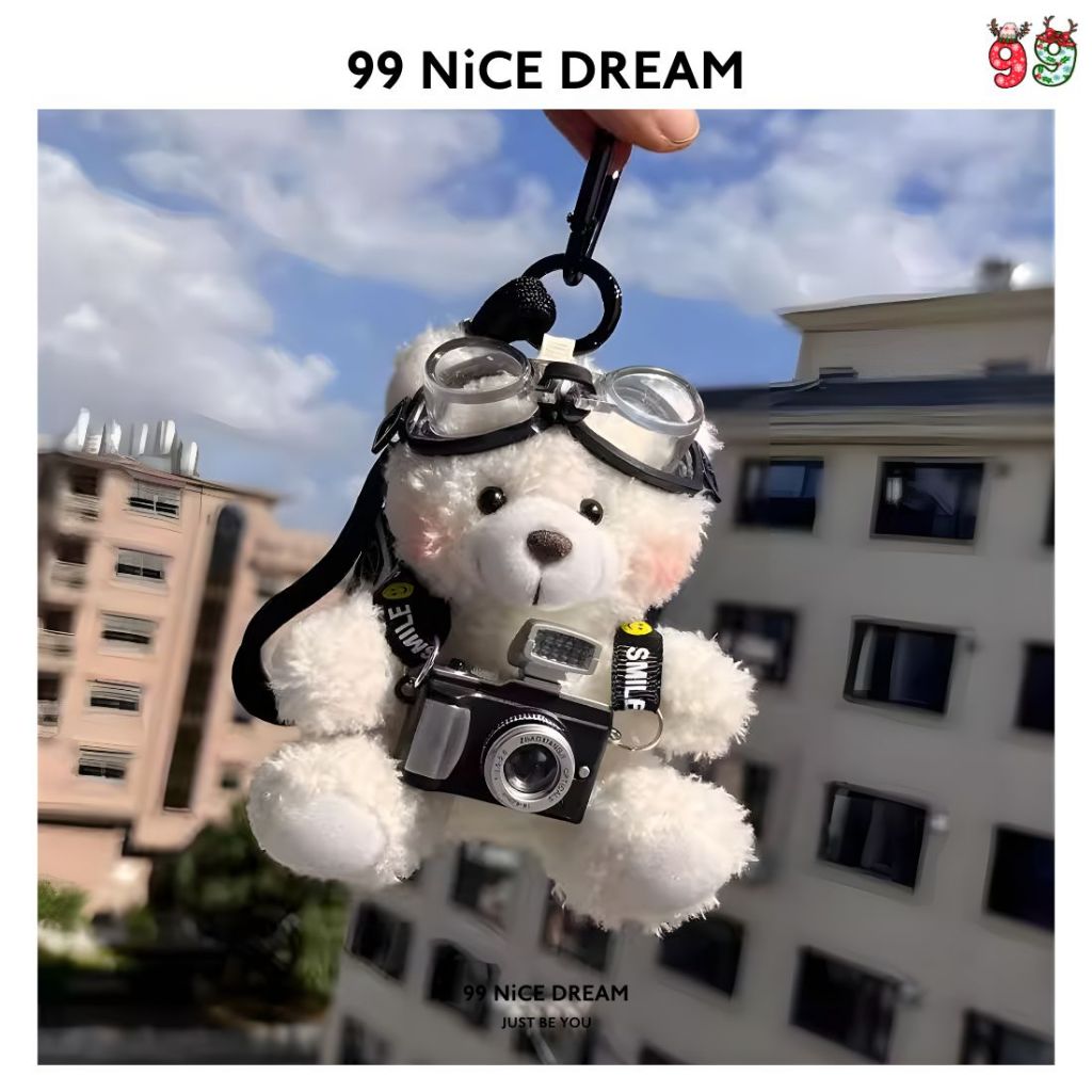 Charm Treo Túi Gấu Bông Trắng Đeo Kính, Máy Ảnh Phát Sáng, Móc Khóa Trang Trí Túi Xách 99NiCEDREAM