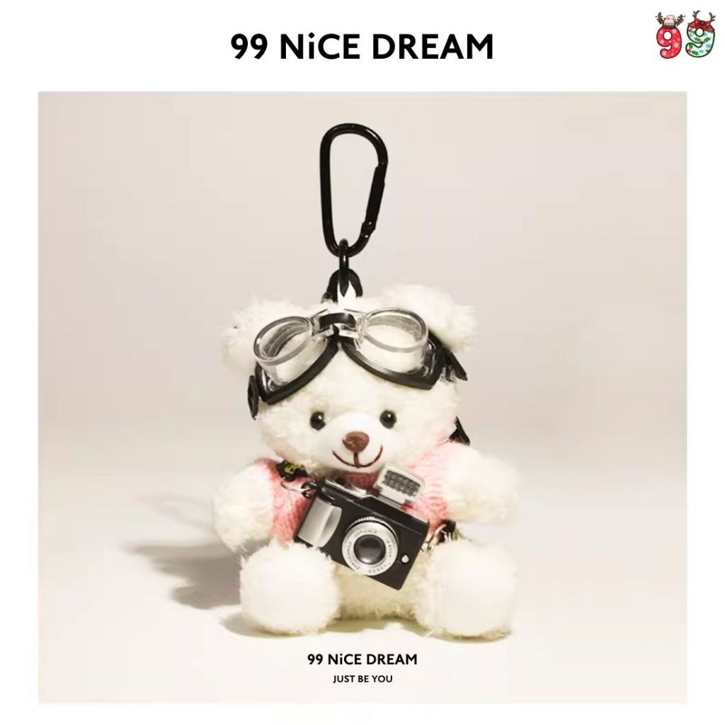 Charm Treo Túi Gấu Bông Trắng Đeo Kính, Máy Ảnh Phát Sáng, Móc Khóa Trang Trí Túi Xách 99NiCEDREAM