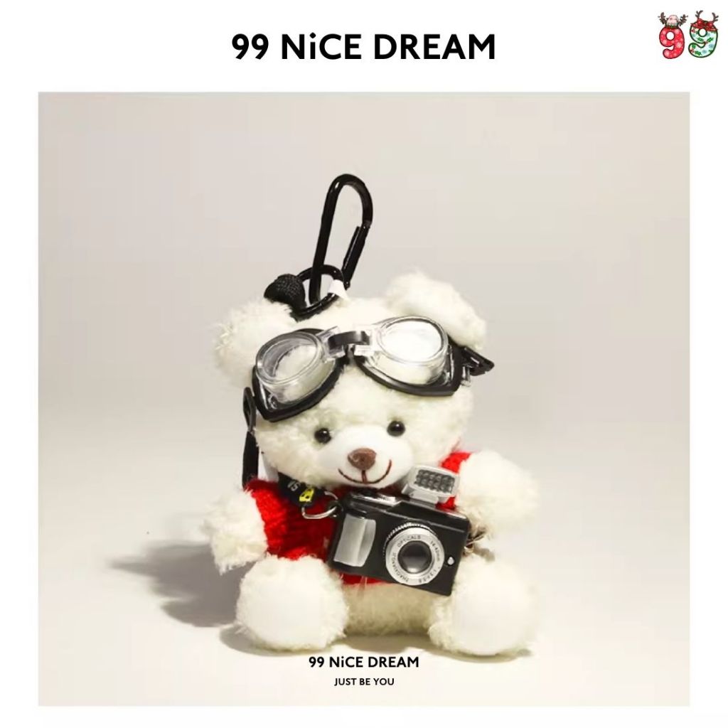 Charm Treo Túi Gấu Bông Trắng Áo Hồng Đáng Yêu Đeo Kính Dễ Thương – Móc Khóa Bông Máy Ảnh Sáng