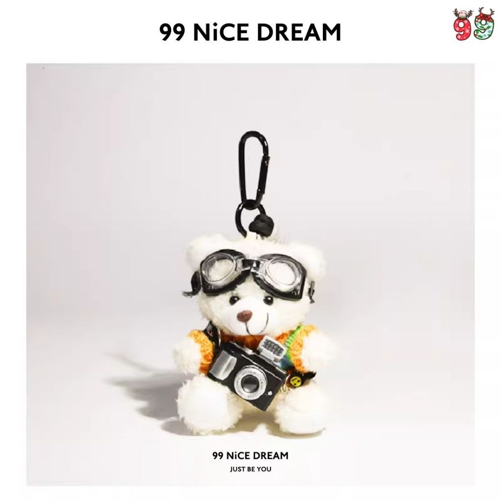 Charm Treo Túi Gấu Bông Trắng Đeo Kính Bơi Kèm Máy Ảnh Phát Sáng, Áo Đỏ, Quà Tặng Móc Khóa Đáng Yêu