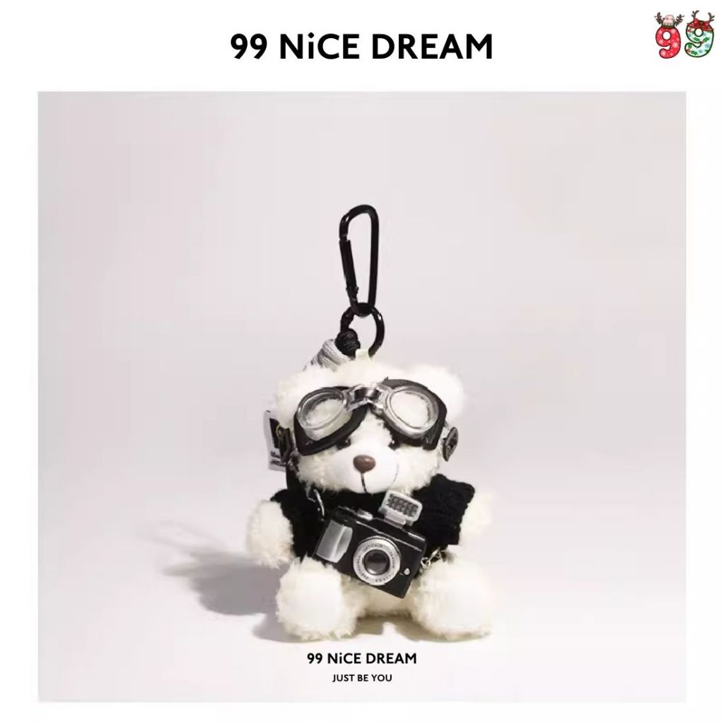 Charm Treo Túi Gấu Bông Trắng Đeo Kính Bơi Kèm Máy Ảnh Phát Sáng, Áo Đỏ, Quà Tặng Móc Khóa Đáng Yêu