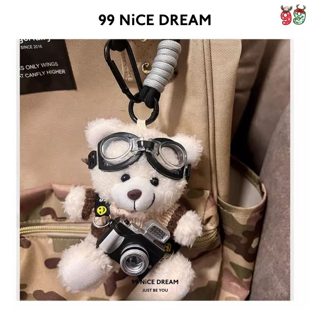 Charm Treo Túi Gấu Bông Trắng Đeo Kính, Máy Ảnh Phát Sáng, Móc Khóa Trang Trí Túi Xách 99NiCEDREAM