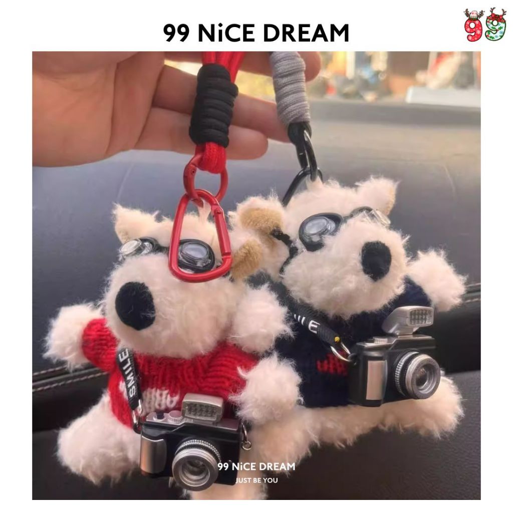 Charm Túi Xách Gấu Bông Chó White Terrier Áo Vàng Đeo Kính Bơi Mang Máy Ảnh Phát Sáng, Móc Khóa Cute