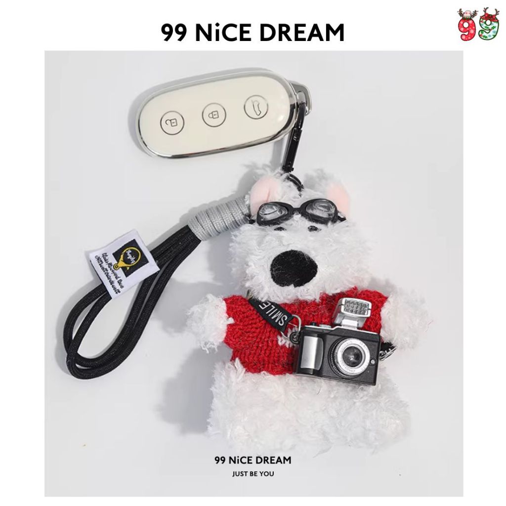 Charm Balo Dễ Thương, Gấu Bông Chó White Terrier Áo Xanh Có Máy Ảnh Phát Sáng, Đeo Kính Cute