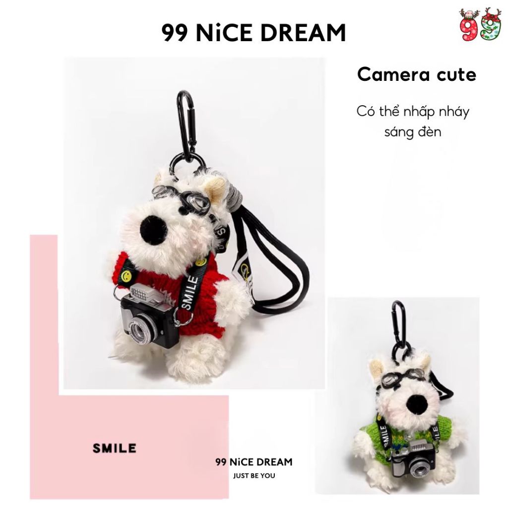Charm Gấu Bông Hình Chó White Terrier Trắng Áo Xanh Treo Túi Xách, Móc Khoá Gấu Bông Máy Ảnh Sáng