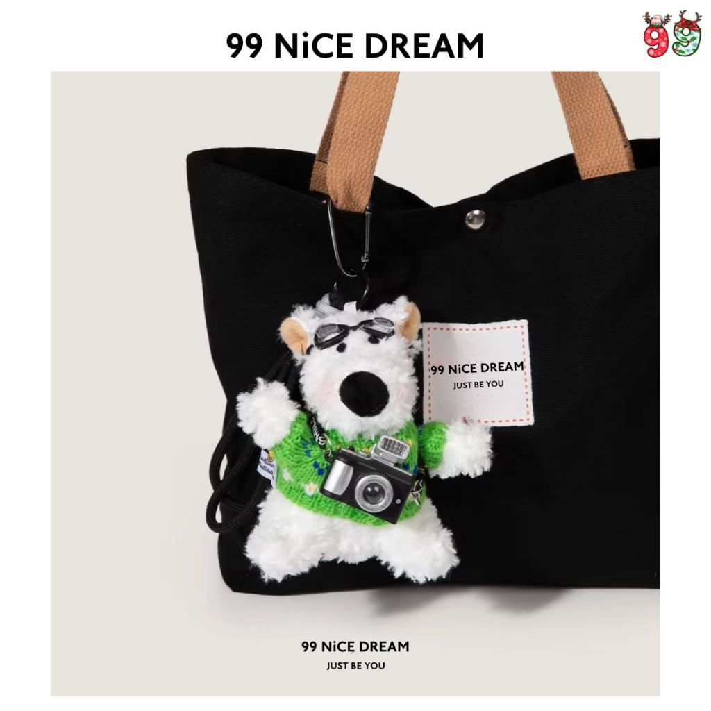 Charm Balo Dễ Thương, Gấu Bông Chó White Terrier Áo Xanh Có Máy Ảnh Phát Sáng, Đeo Kính Cute