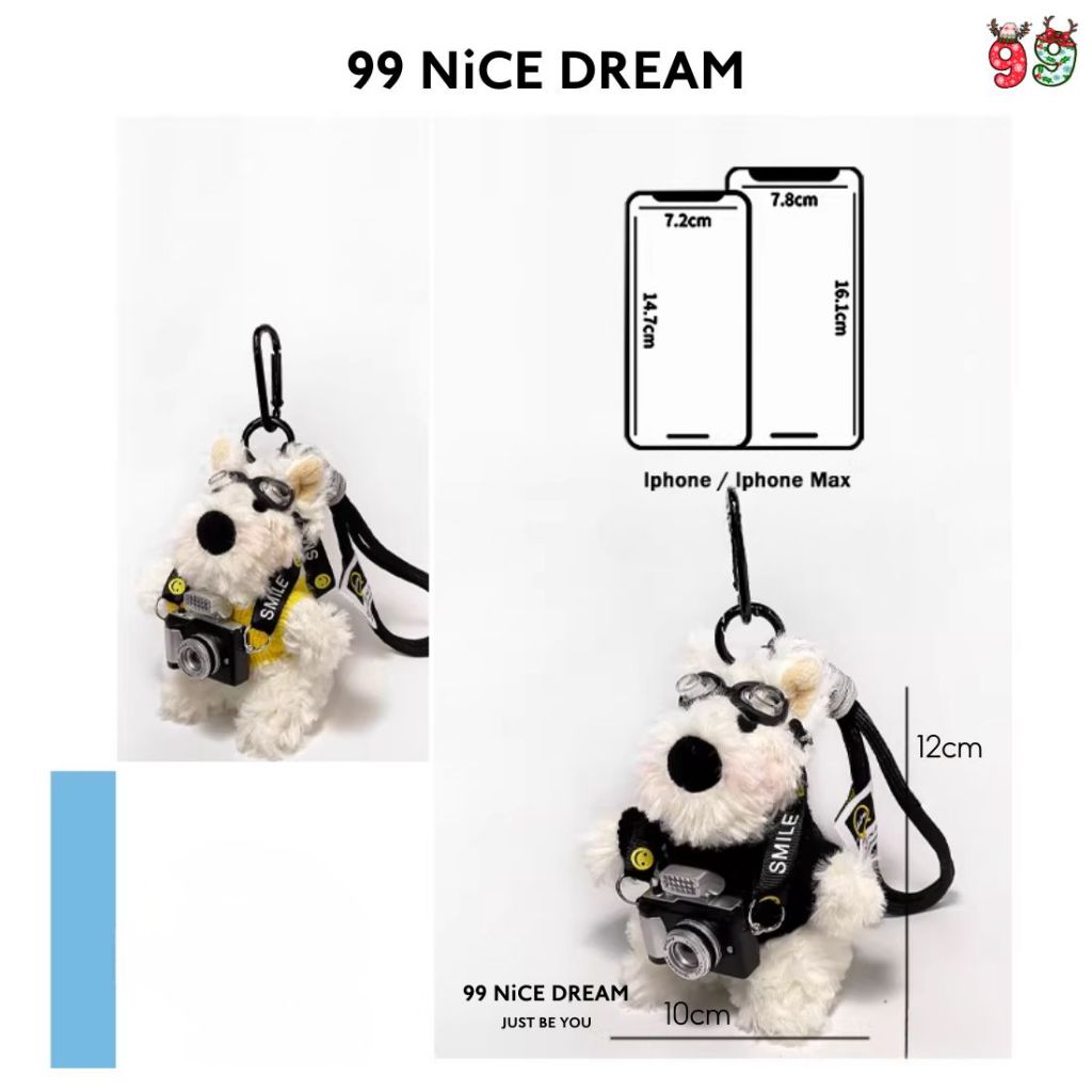 Charm Túi Xách Gấu Bông Chó White Terrier Áo Vàng Đeo Kính Bơi Mang Máy Ảnh Phát Sáng, Móc Khóa Cute