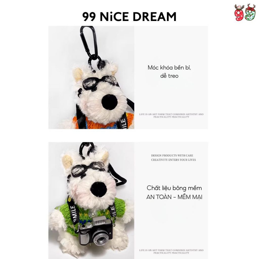 Charm Balo Dễ Thương, Gấu Bông Chó White Terrier Áo Xanh Có Máy Ảnh Phát Sáng, Đeo Kính Cute