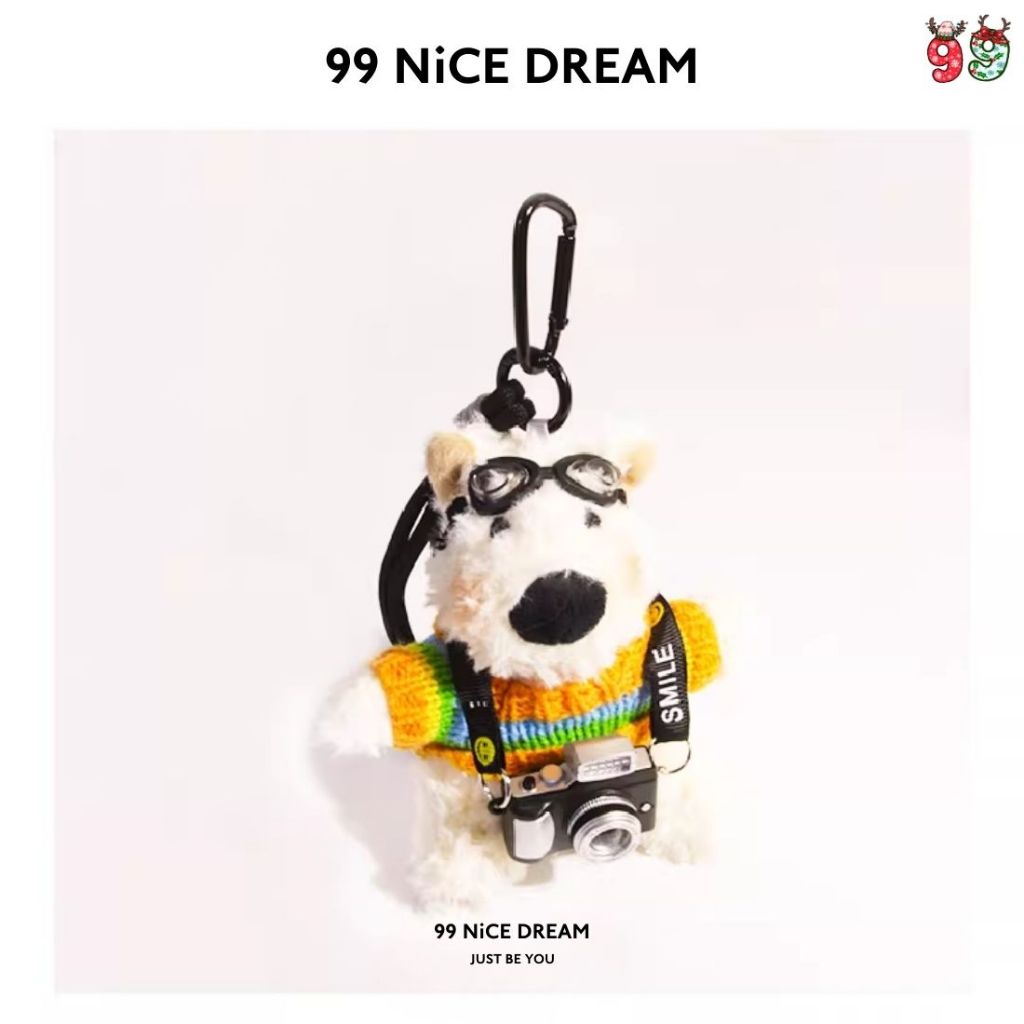 Charm Túi Xách Gấu Bông Chó White Terrier Áo Vàng Đeo Kính Bơi Mang Máy Ảnh Phát Sáng, Móc Khóa Cute