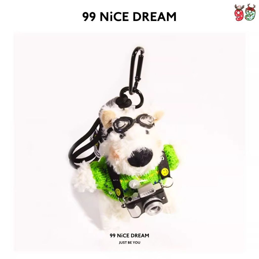 Charm Gấu Bông Hình Chó White Terrier Trắng Áo Xanh Treo Túi Xách, Móc Khoá Gấu Bông Máy Ảnh Sáng