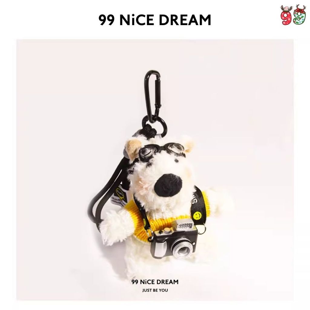 Charm Gấu Bông Hình Chó White Terrier Trắng Áo Xanh Treo Túi Xách, Móc Khoá Gấu Bông Máy Ảnh Sáng