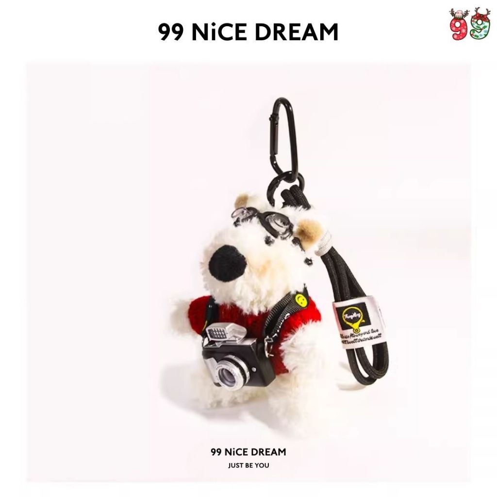 Charm Túi Xách Gấu Bông Chó White Terrier Áo Vàng Đeo Kính Bơi Mang Máy Ảnh Phát Sáng, Móc Khóa Cute