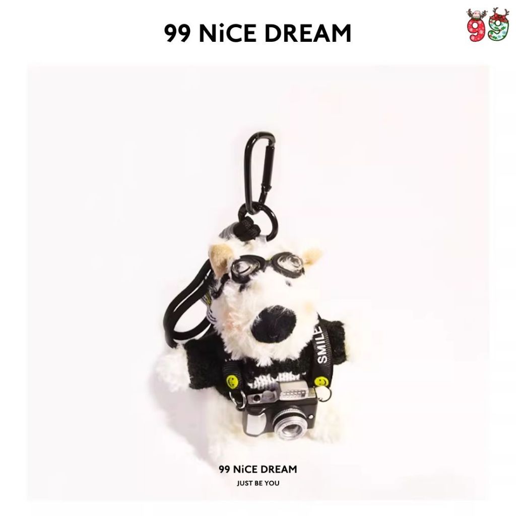 Charm Túi Gấu Bông Chó White Terrier Trắng Mặc Áo Đen Treo Túi, Móc Khoá Gấu Bông Có Đèn Sáng