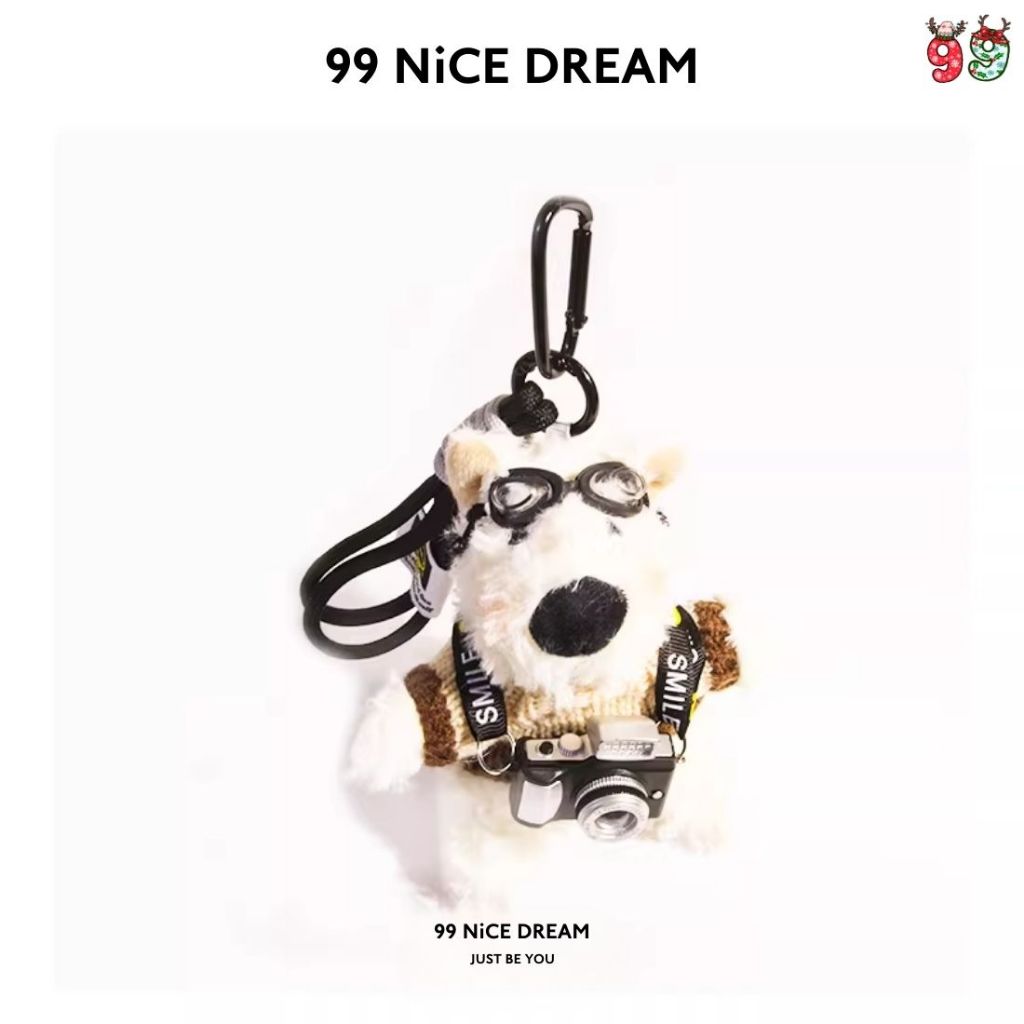 Charm Túi Xách Gấu Bông Chó White Terrier Áo Vàng Đeo Kính Bơi Mang Máy Ảnh Phát Sáng, Móc Khóa Cute