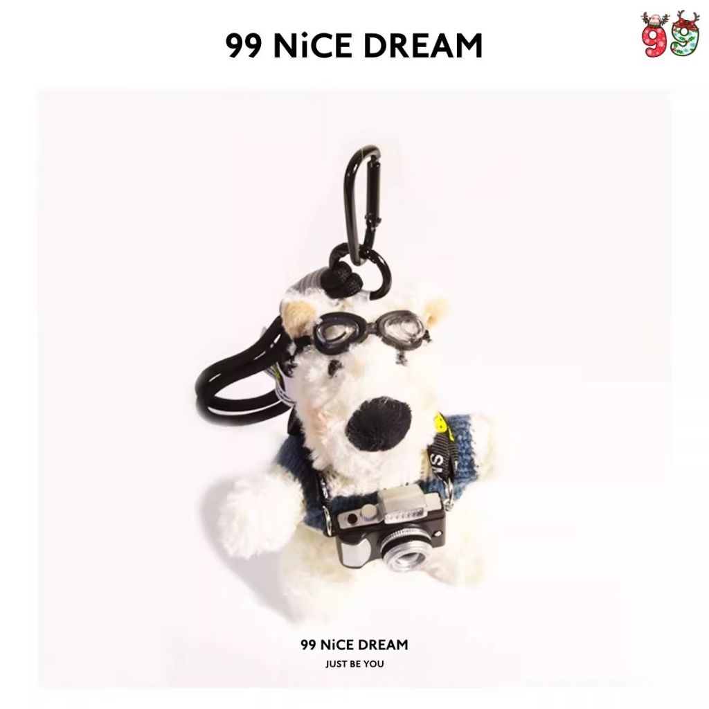 Charm Túi Gấu Bông Chó White Terrier Trắng Mặc Áo Đen Treo Túi, Móc Khoá Gấu Bông Có Đèn Sáng